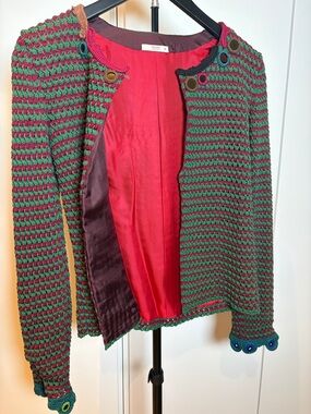Prada Green & Red 2005 Runway Crochet Knit Jacket IT 38 Silk Lined Vintage